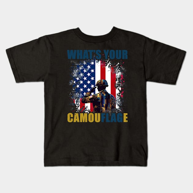 Saluting Soldier with American Flag - What's Your Camouflage? Kids T-Shirt by ArtMichalS